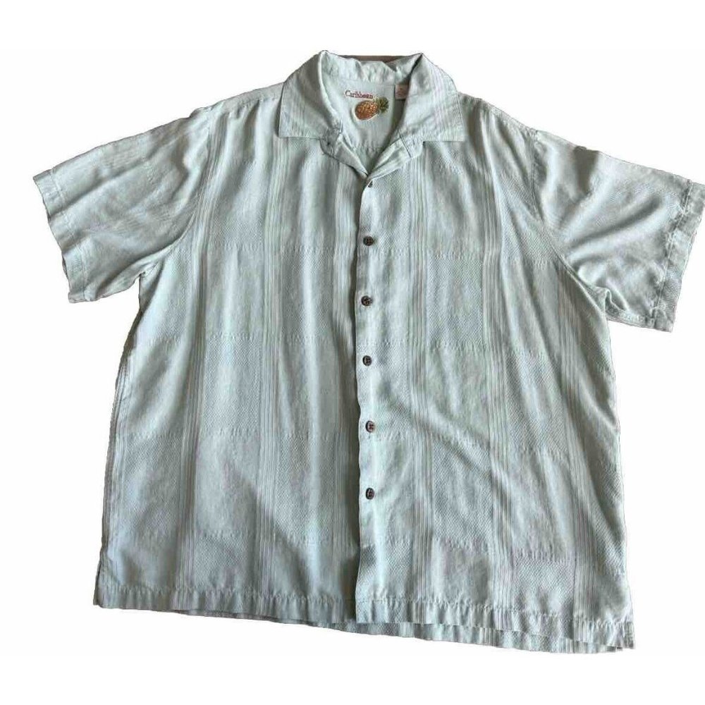 CARIBBEAN Shirt Mens X-Large Blue Button Front Short Sleeve 100% Silk Hawaiin